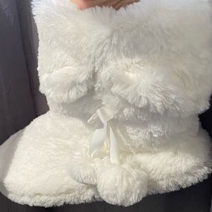 Fuzzy White Slipper Booties White Bow Pom poms